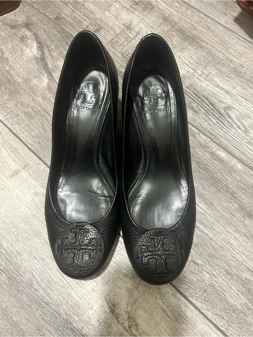 Tory Burch Black Leather Round-Toe Heels with Embossed Logo